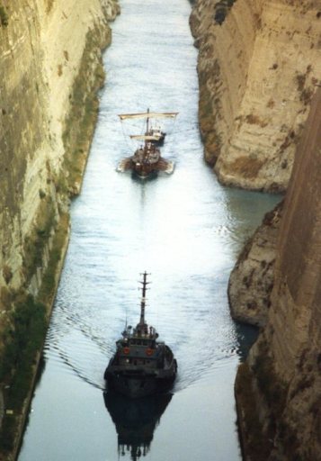 Olympias in the Corinth Canal, August 1992. Photo: Rosie Randolph.